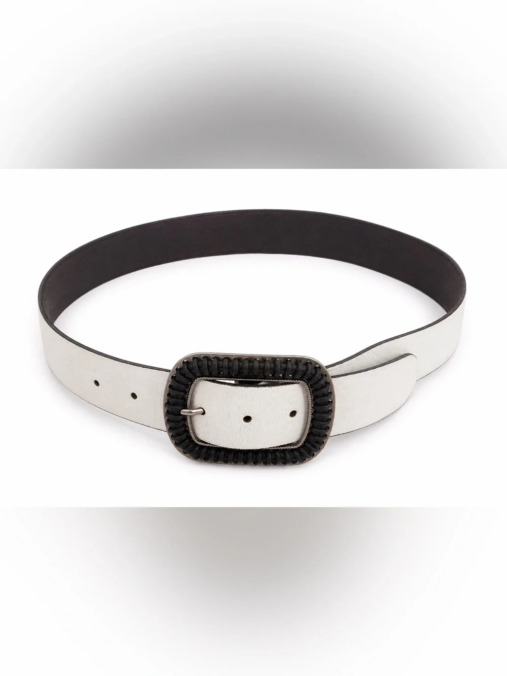 White Genuine Leather Belt Woven Buckle Boho Western Italian